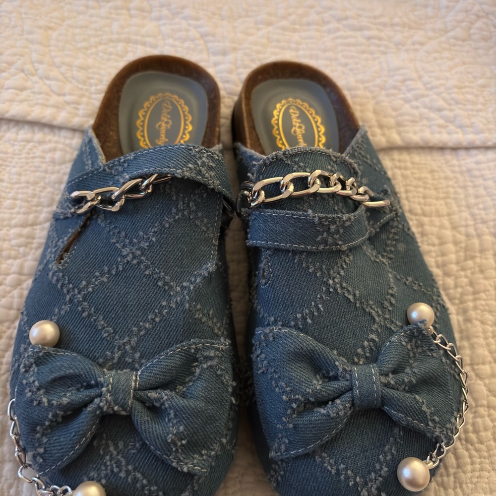 Dr. Scholl's Blue Quilted Mules with Gold Accents
